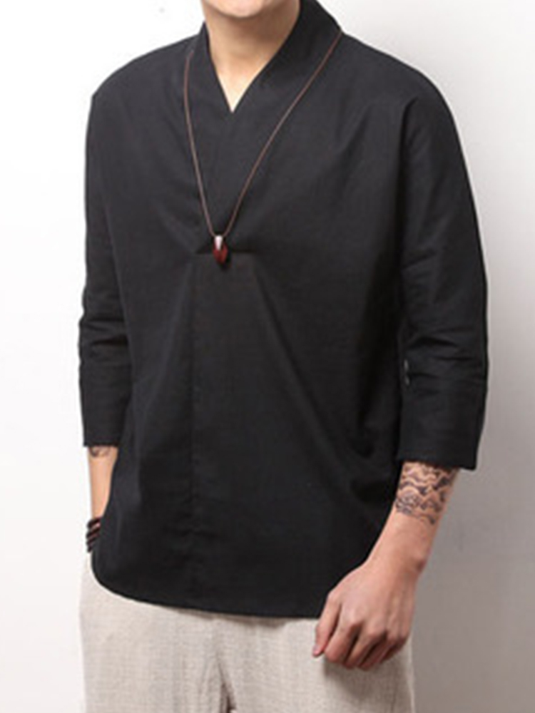 Vintage Solid Color V Neck Causal Kimono Shirt  artssus