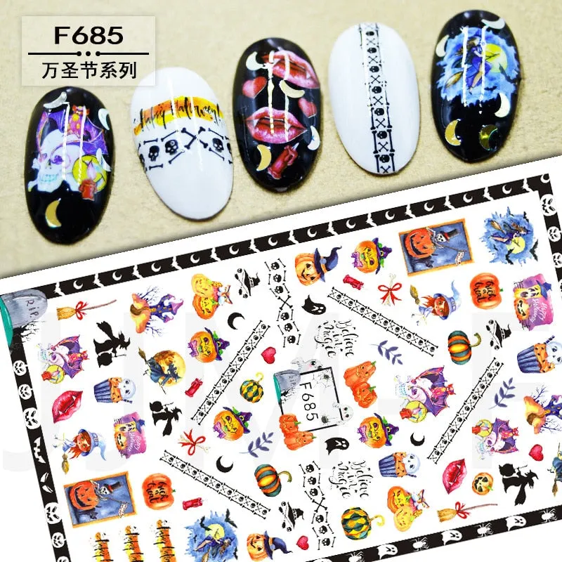 Halloween Nail Art Sticker Ghost Witch Spider Web Pumpkin Nail Decals Sexy Skull Bone Water Transfer Decals Nails Foil Manicure-Nail Inspo