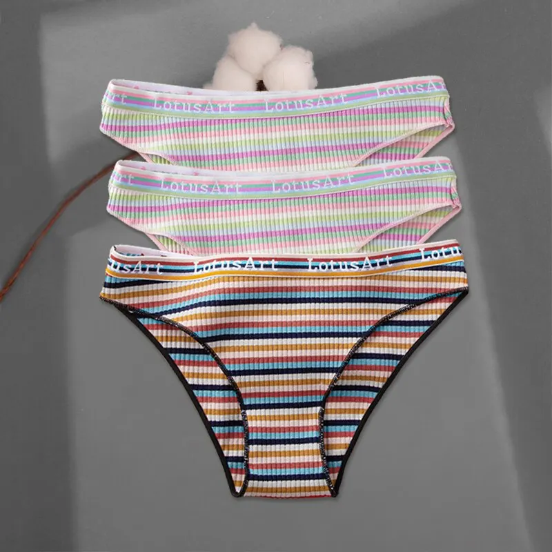 FINETOO 3Pcs/set Colorful Stripes Panties Women's Cotton Briefs M-XL Low-Rise Rainbow Underwear Ladies Underpants Girls Panties