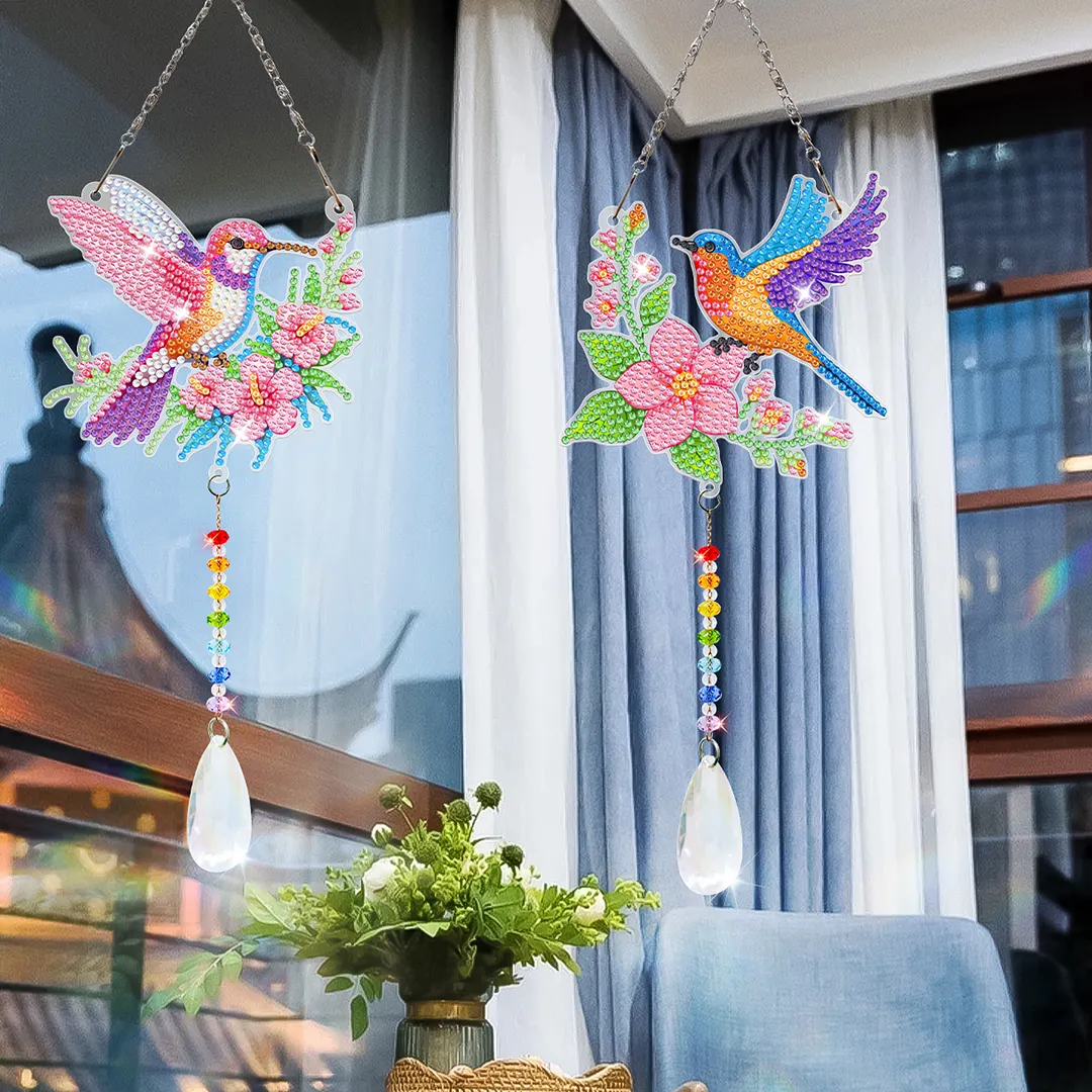 2Pcs Flowers and Hummingbirds DIY Double-Sided Diamond Painting Hanging Kits Diamond Painting Suncatcher Craft Kit for Home Garden Wall Decor Gift