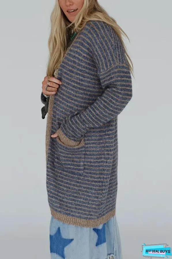 Fashion Contrast Striped Loose Long-sleeved Mid-length Knitted Cardigan