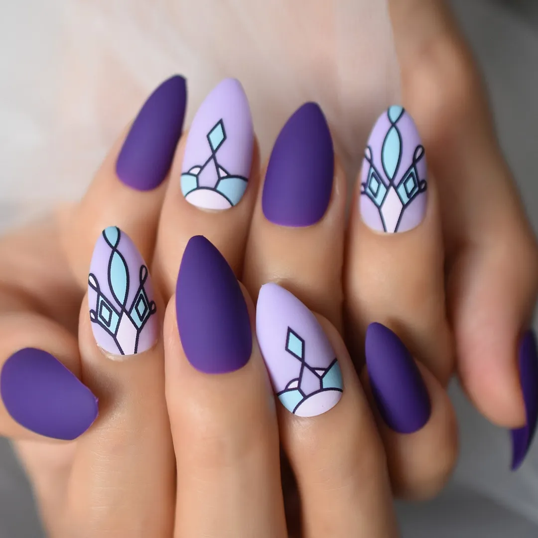 28pcs Nude Purple Short Almond Press on False Nails with Designs Gold Moon Starts Glossy Gel Fake Nails Finger Nail Decorations-Nail Inspo