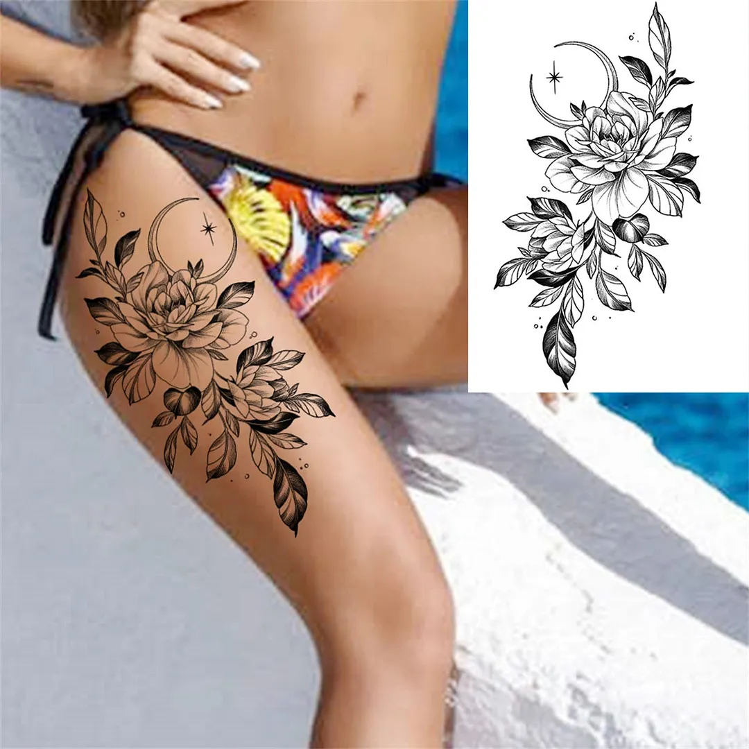 Flower Compass Temporary Tattoo For Women Girls Adult Rose Peony Tattoos Sticker Fake Black Floral Body Art Thigh Tatoos Paper