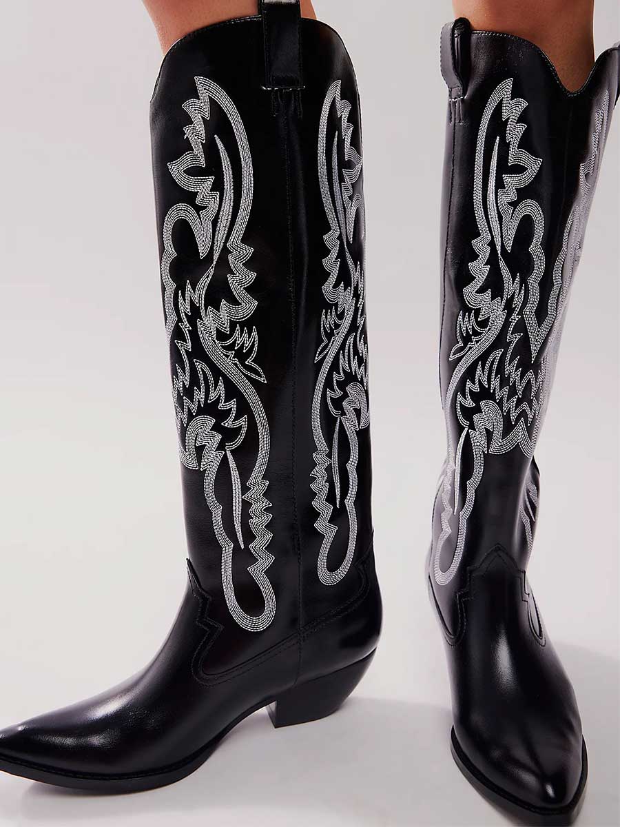 Black Chunky Heel Pointed Toe Embroidered Knee-High Cowgirl Boots