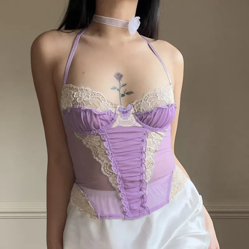 Churchf Churchf Wind Sexy Perspective Condole Belt Vest Female 2024 Summer Lace Stitching Mesh Spicy Girl New Style
