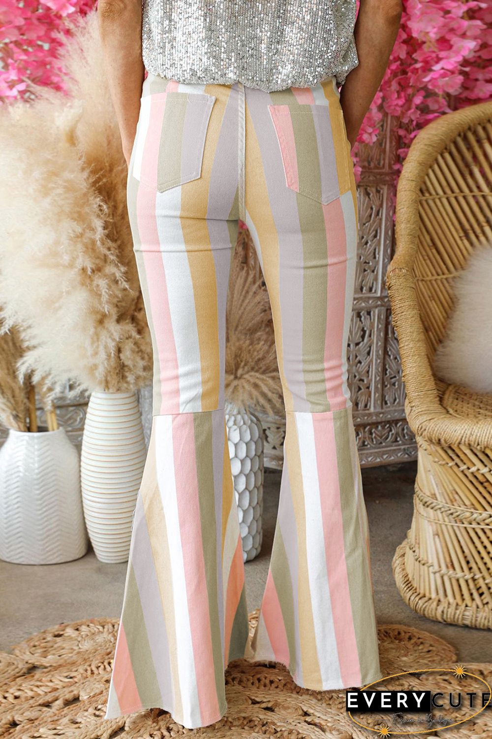 Multicolor Color Block Striped High Waist Flare Pants