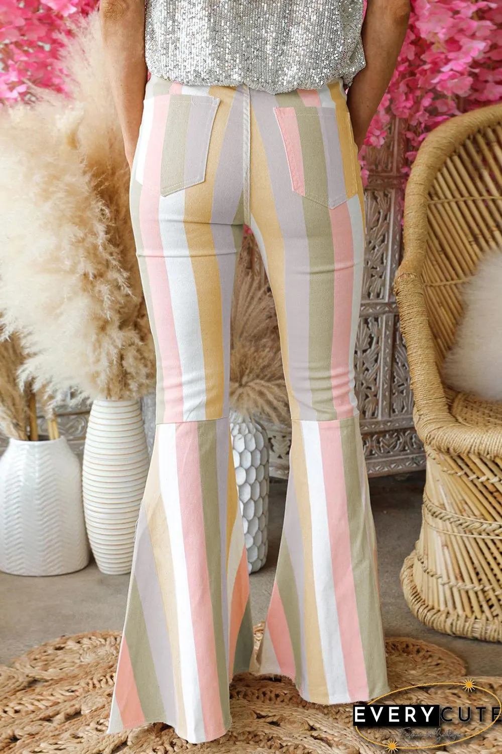 Multicolor Color Block Striped High Waist Flare Pants