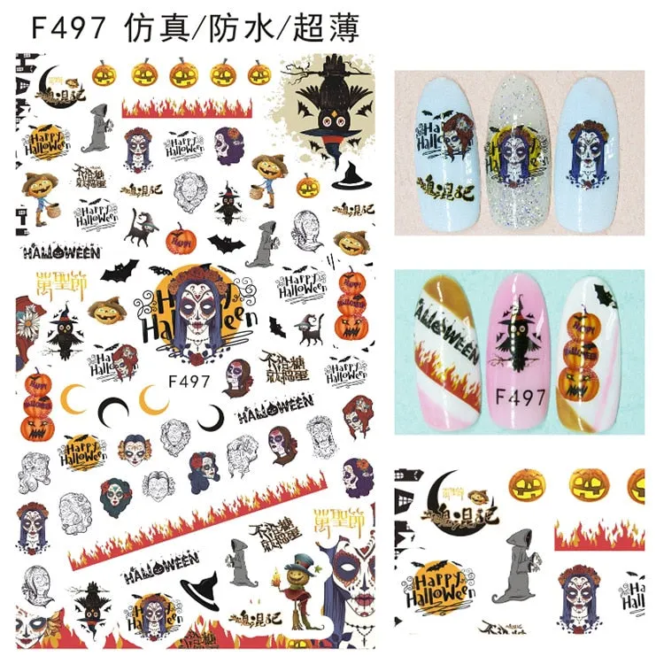 Halloween Nail Art Sticker Ghost Witch Spider Web Pumpkin Nail Decals Sexy Skull Bone Water Transfer Decals Nails Foil Manicure-Nail Inspo