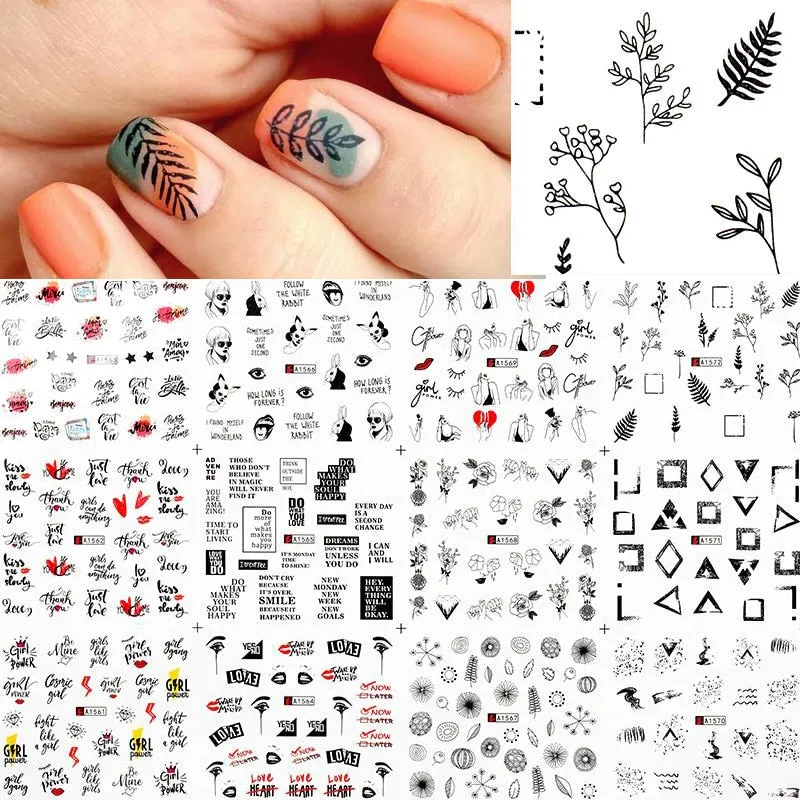 12Styles Harunouta Spring Summer Alphabet Flower Leaves Nail Water Decals Popular Geometric Lines Transfer Stickers Decoration