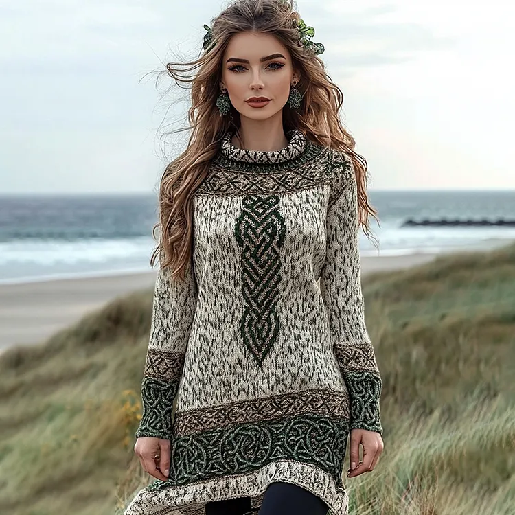 Women's Irish Celtic Knotted Jacquard Crew Neck Sweater Dress