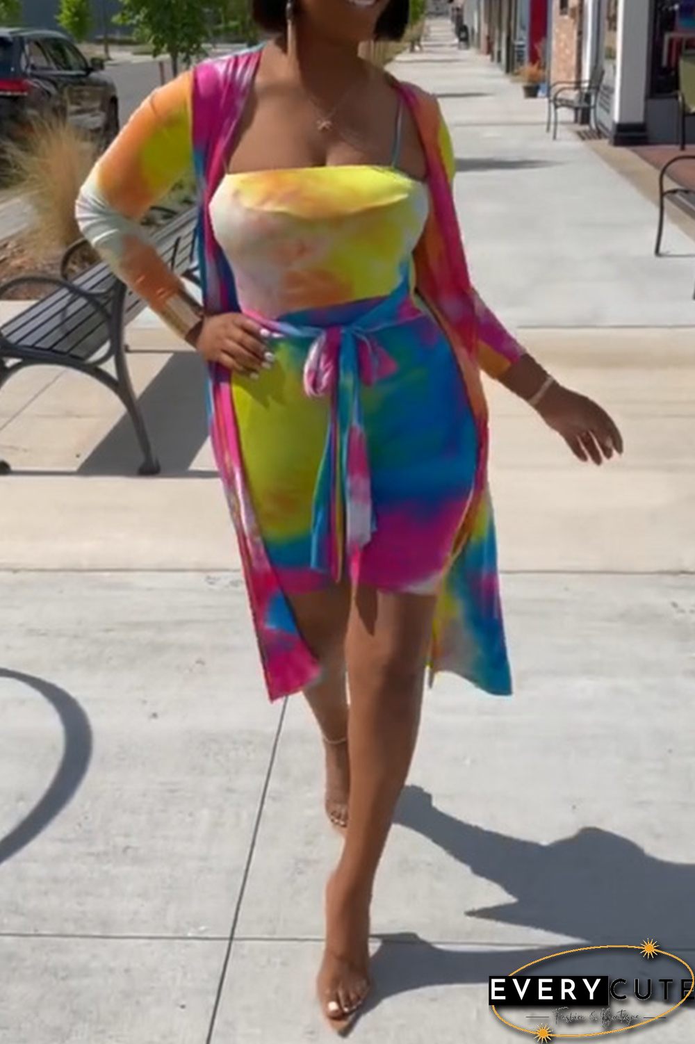 Sexy Patchwork Tie-Dye Strapless Long Sleeve Two Pieces