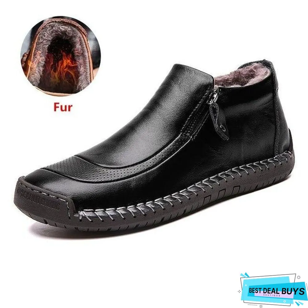 Men Boots Split Leather Ankle Snow Boots Warm Fur Men's Shoes Plush Winter Autumn Driving Shoes