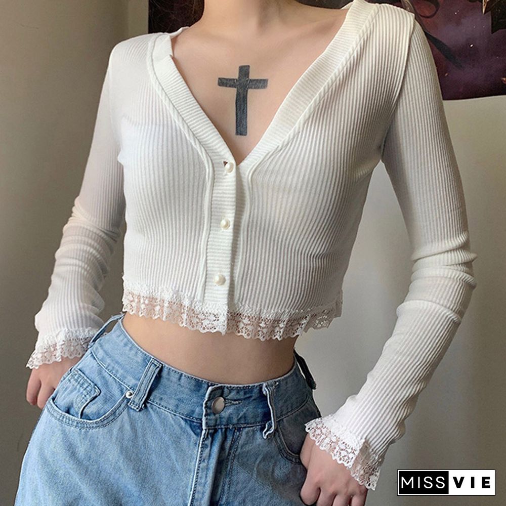 V-neck Long Sleeve Cardigan Lace Crop Top
