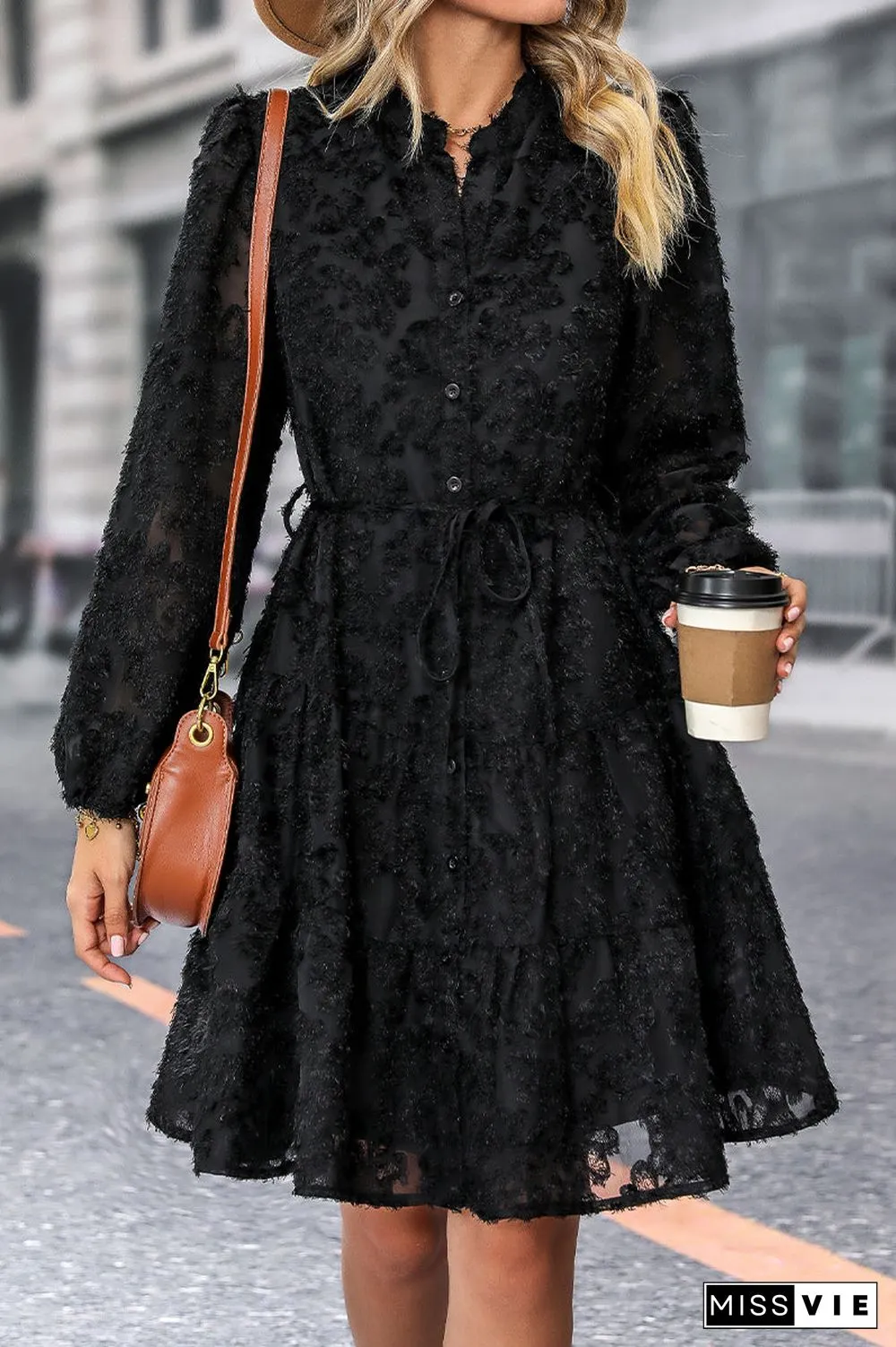 Elegant Solid Flounce Mandarin Collar A Line Dresses