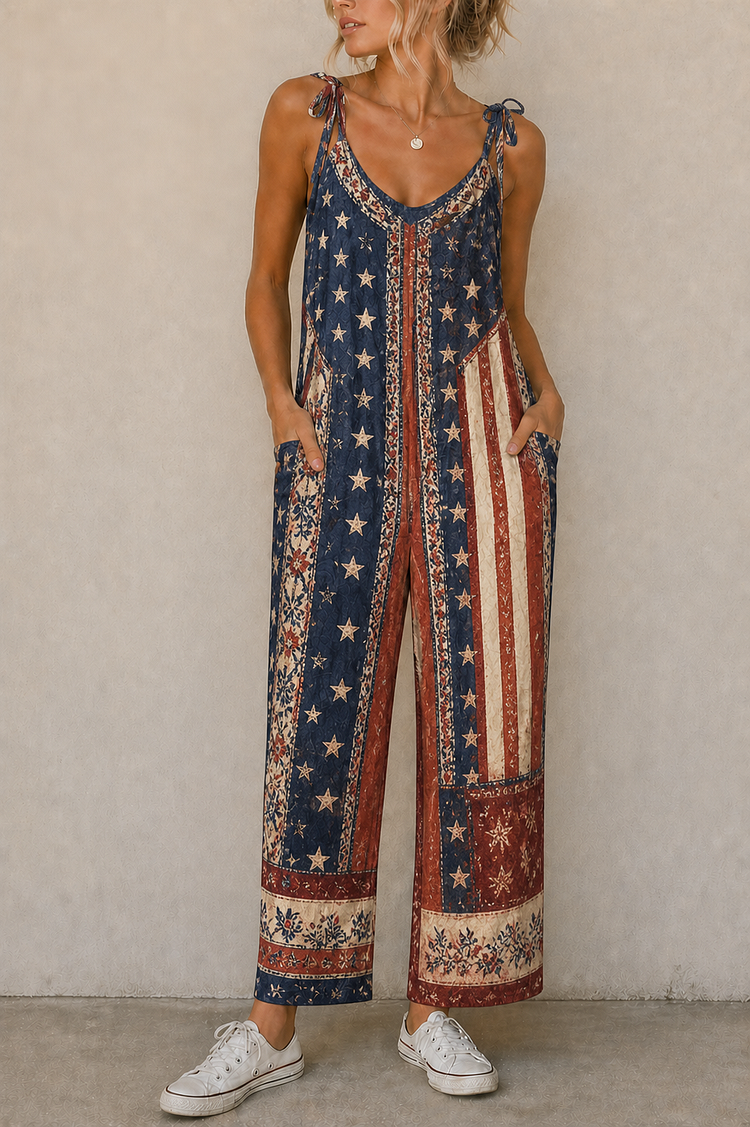 Boho Americana Patchwork Suspender Jumpsuit