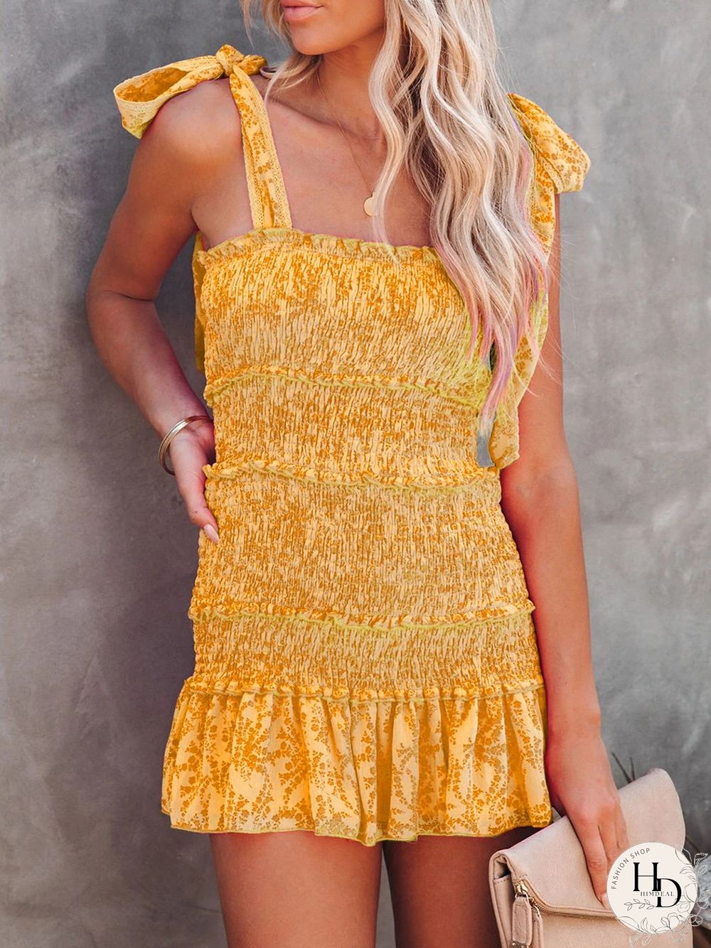 Straps Print Smocked Ruffle Mini Dress P15506