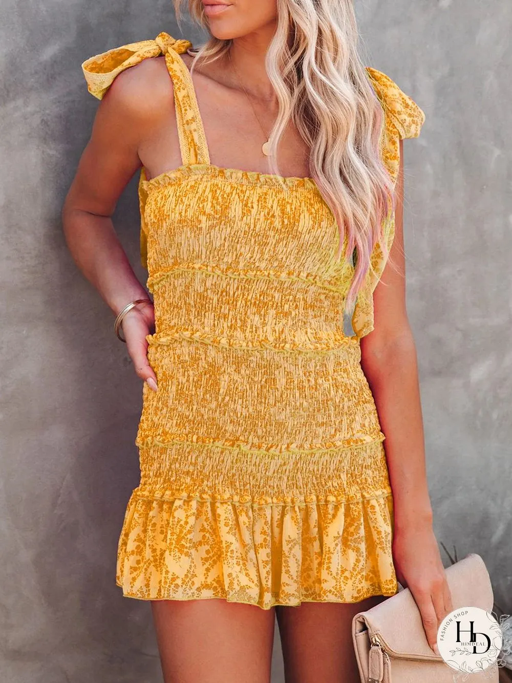 Straps Print Smocked Ruffle Mini Dress P15506