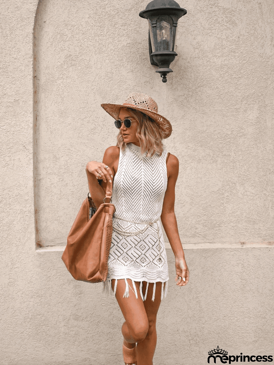 JENSON PERFORATED CROCHET MINI DRESS - CREAM