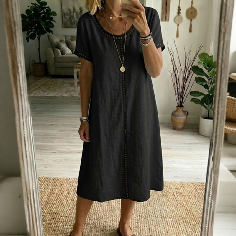 Comstylish Women's Solid Color Round Neck Short Sleeve Linen Blend Midi Dress