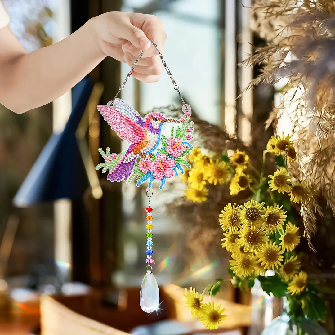 2Pcs Flowers and Hummingbirds DIY Double-Sided Diamond Painting Hanging Kits Diamond Painting Suncatcher Craft Kit for Home Garden Wall Decor Gift