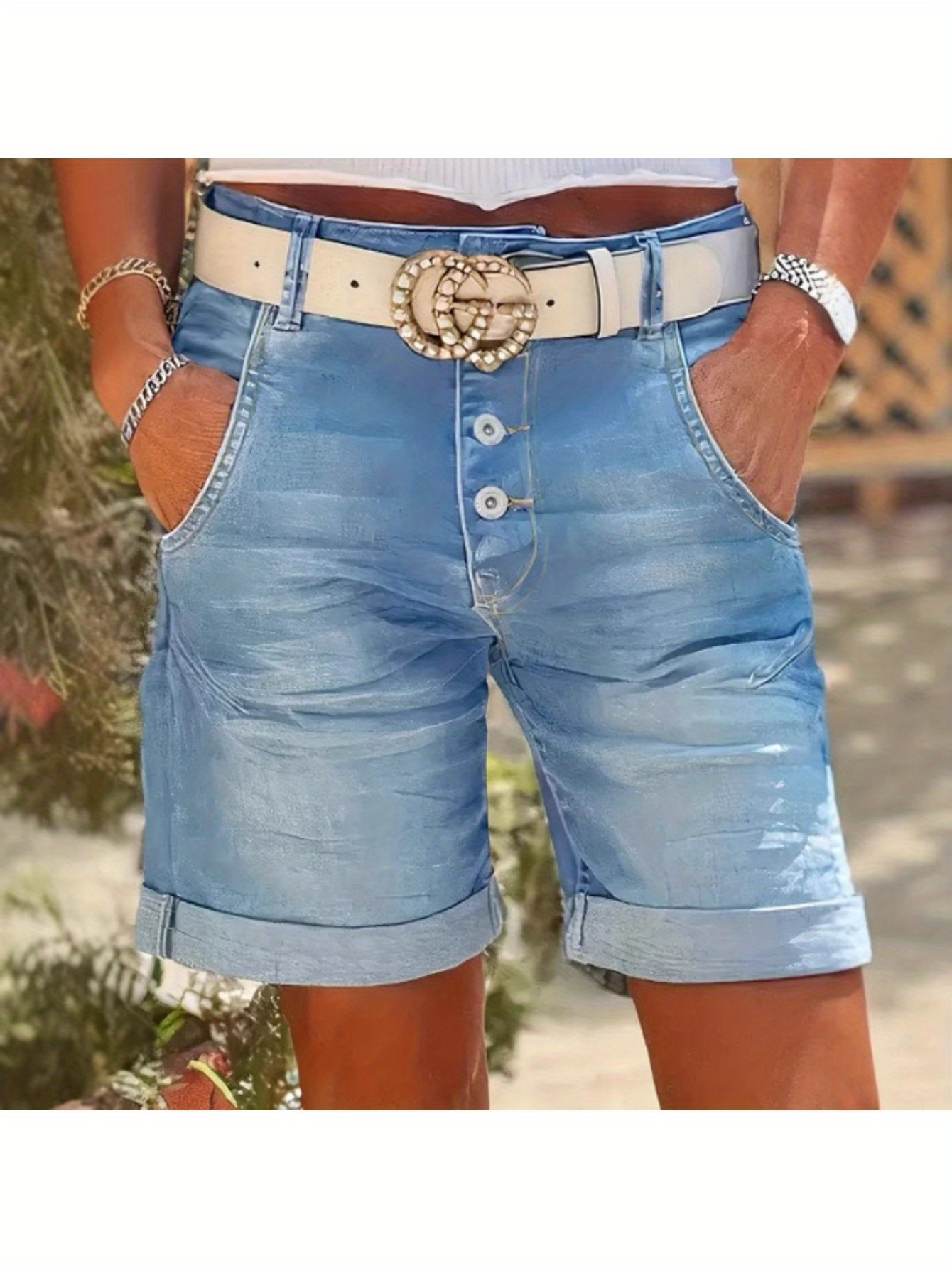 Women's Stretch High Waist Jeans - Light Blue Denim Shorts, Non-Transparent Summer Pants For Casual Outfits, Everyday & Formal Events - Machine Washable Women's Jeans, Street Style Apparel, Rolled Hem Jeans, Decorative Belt, Nontransparent Fabric | IFYHOME