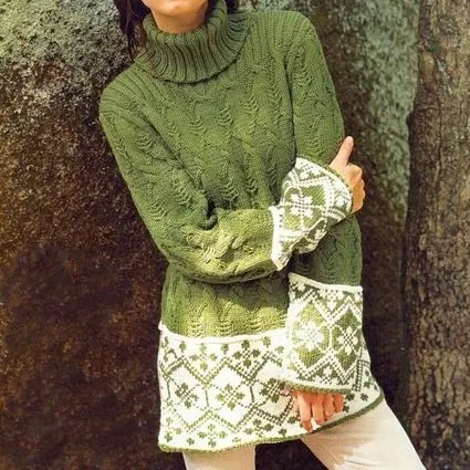 Women'S Warm Lace Design Turtleneck Aran Sweater