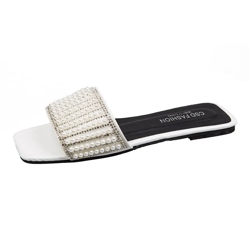 Women Slippers Summer Rhinestone White Flat Shoes Elegant Pearl External Wear 2021 Summer New Sandy Beach Sandals Women Shoes