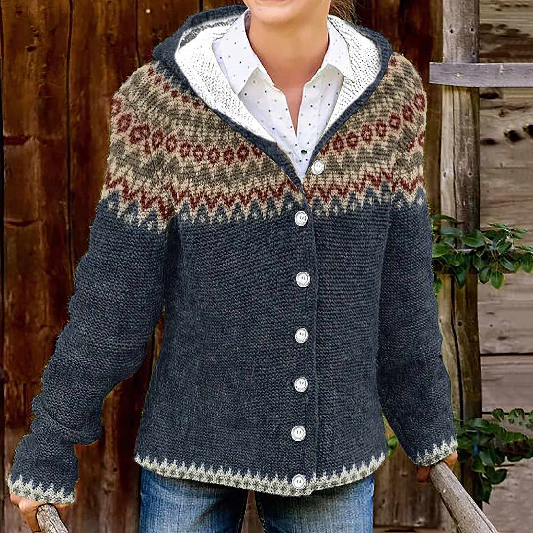 Vintage Contrast Print Hooded Button Knit Cardigan