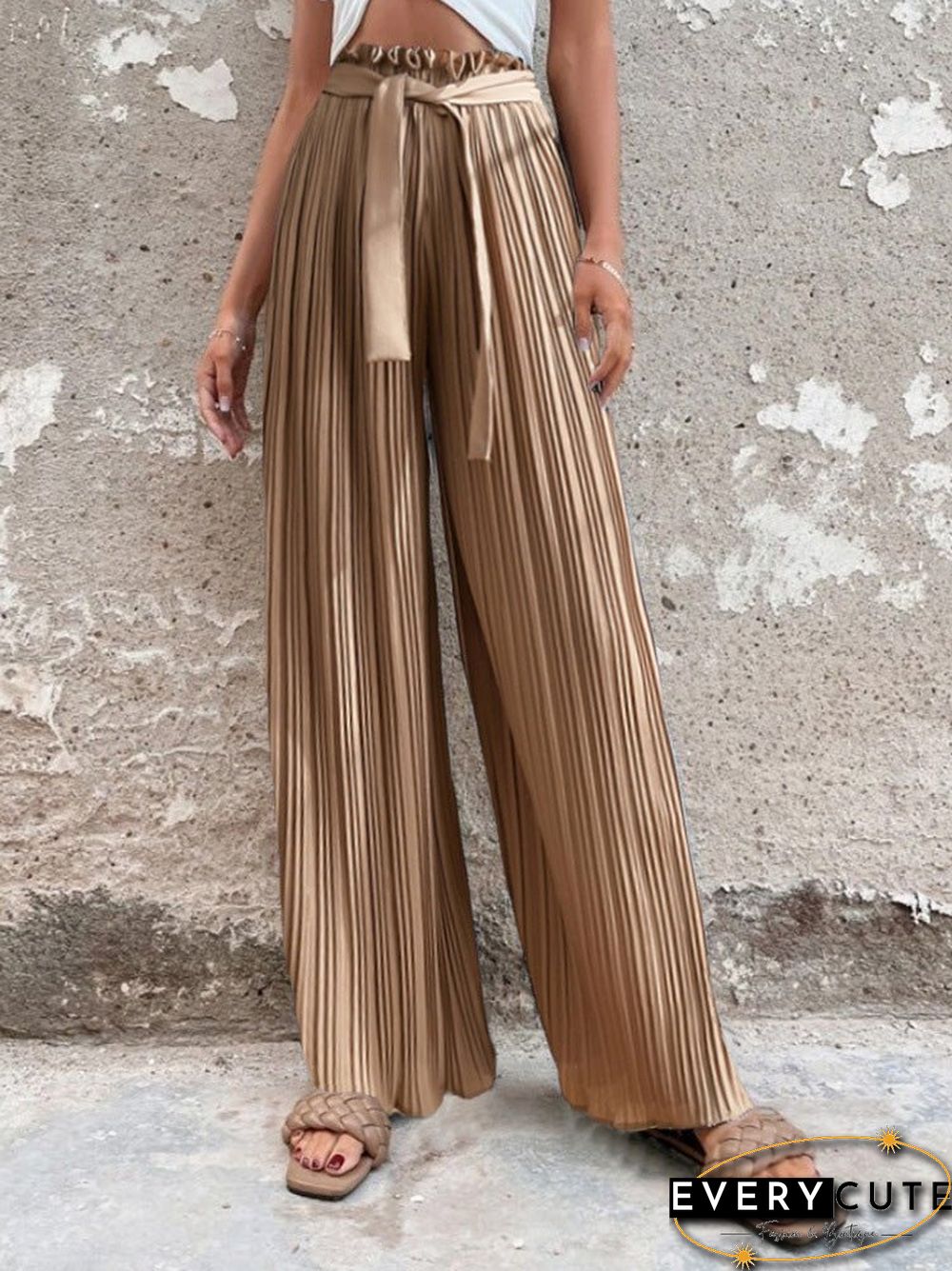 Women'S Pants Pleated Tie High Waist Straight Wide Leg Pants