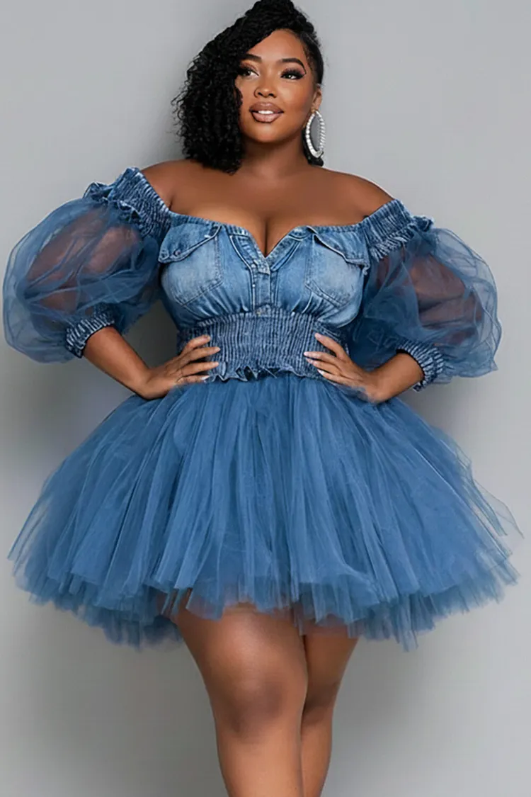 Xpluswear Design Plus Size Party Blue Off The Shoulder Short Sleeve Contrast See Through Tencel Denim Mini Dresses [Pre-Order] 2024 - Xpluswear