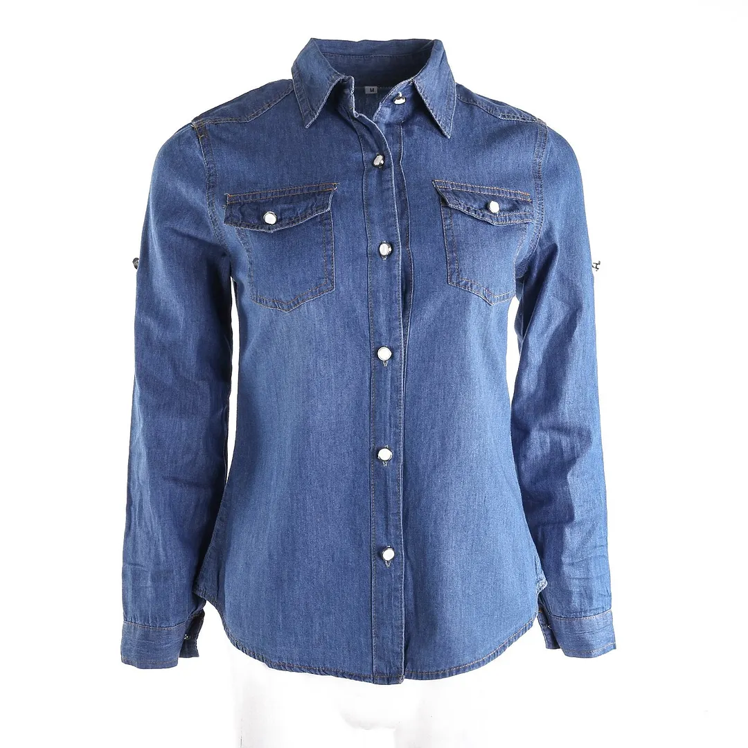 Women Casual Soft Denim Long Sleeve Button Shirt Tops Blouse with Pockets 2021 Summer Fashion Clothing Femenino Camisas De Mujer
