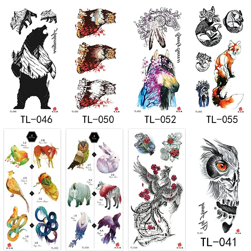 1~8 pieces of animal plants wolf bear bird art tattoo stickers disposable waterproof temporary tattoo stickers for men and women