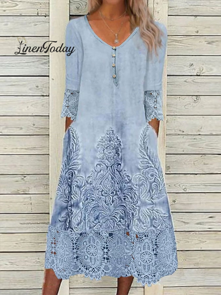 Women&rsquo;s Vintage Lace V Neck Dress Blue / S
