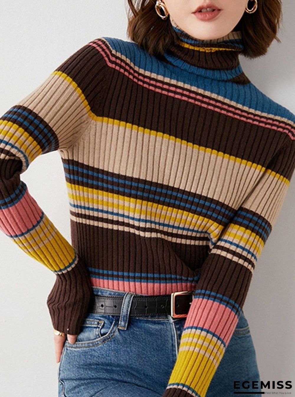 Fall/Winter Turtleneck Color Striped Slim-fit Knit Sweater | EGEMISS