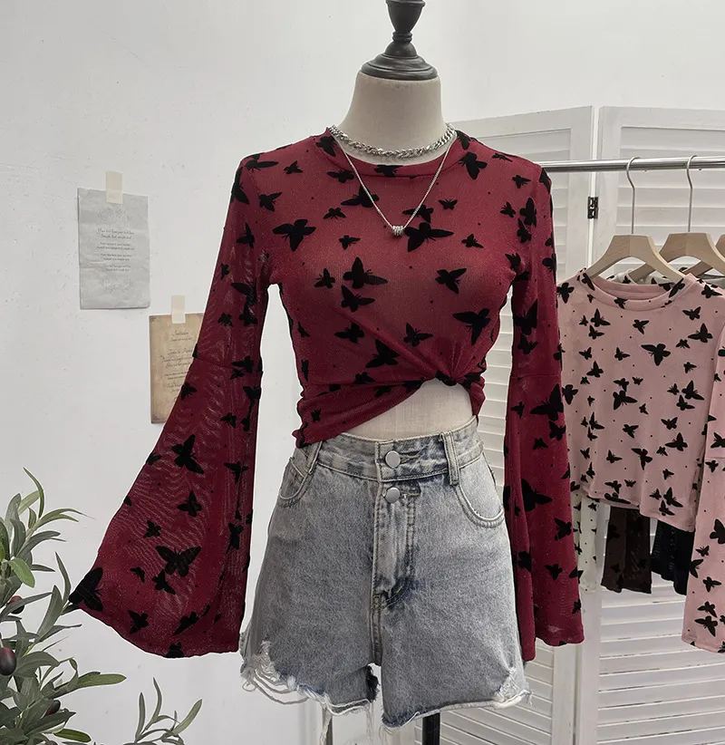 Brownm Real Shooting Spice Girl Butterfly Shiny Shiny Mesh Yarn Long-Sleeved T-Shirt Horn Sleeve Short Repair Body Jacket 8031