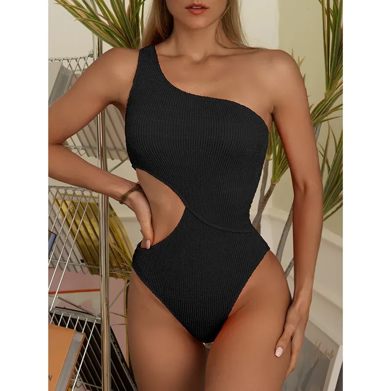 INGAGA One Shoulder Swimsuits One Piece Textured Swimwear Women 2022 Sexy Cut Out Monokini Solid Bodysuits High Cut Beachwear