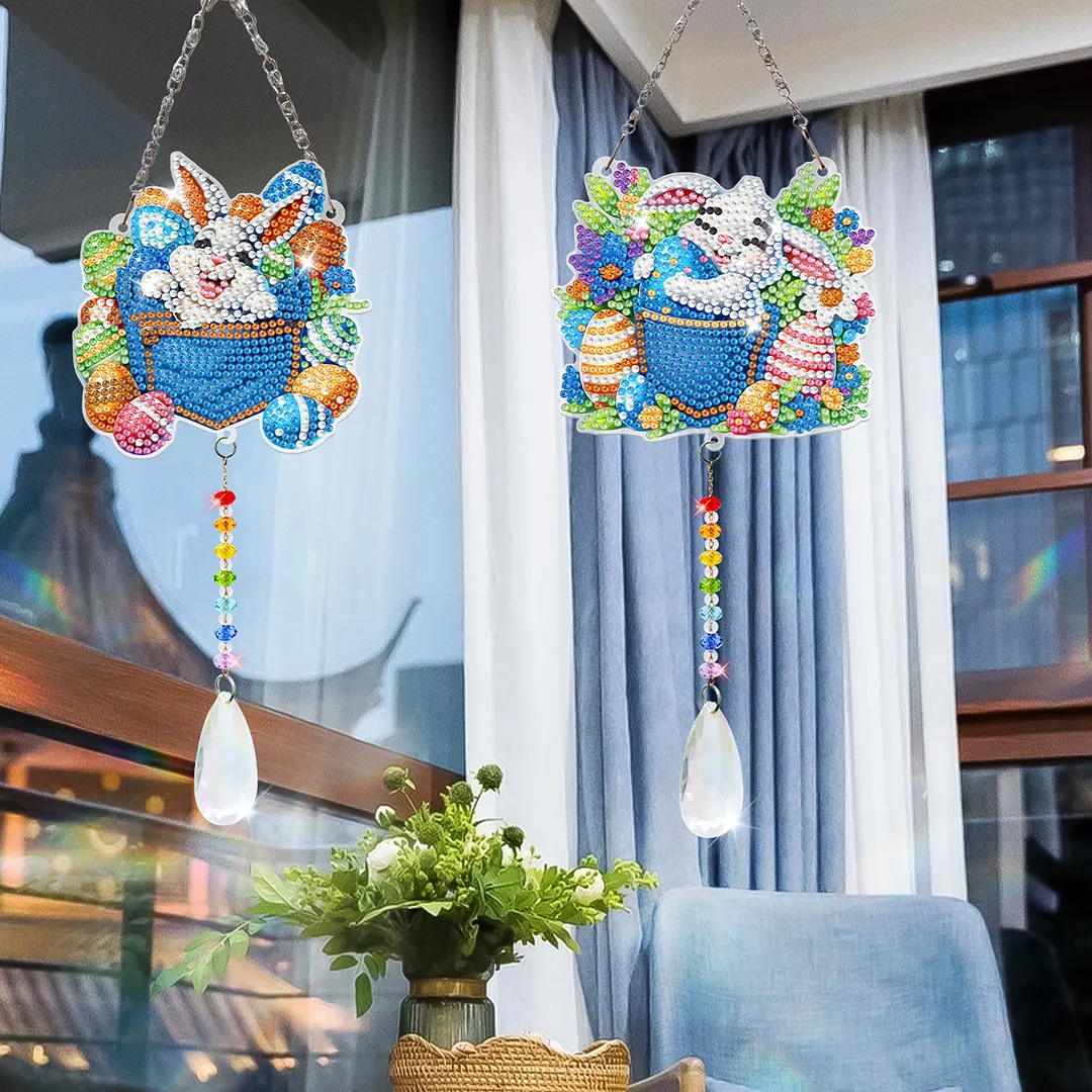 2Pcs Pocket Rabbit DIY Acrylic Diamond Painting Art Wind Chimes with Crystal Pendant Diamond Art Hanging Pendant Double-Sided for Adults Beginners Gift Home Garden Decor