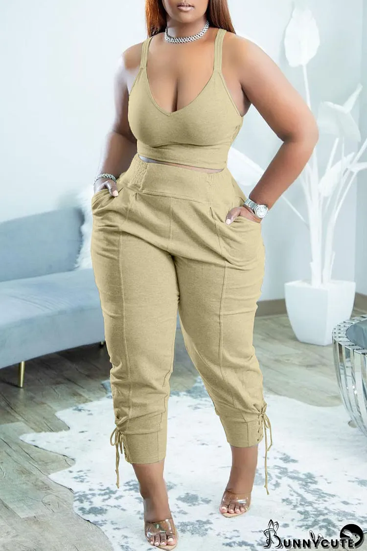 Khaki Casual Sportswear Simplicity Solid Bandage Vests Spaghetti Strap Sleeveless Two Pieces