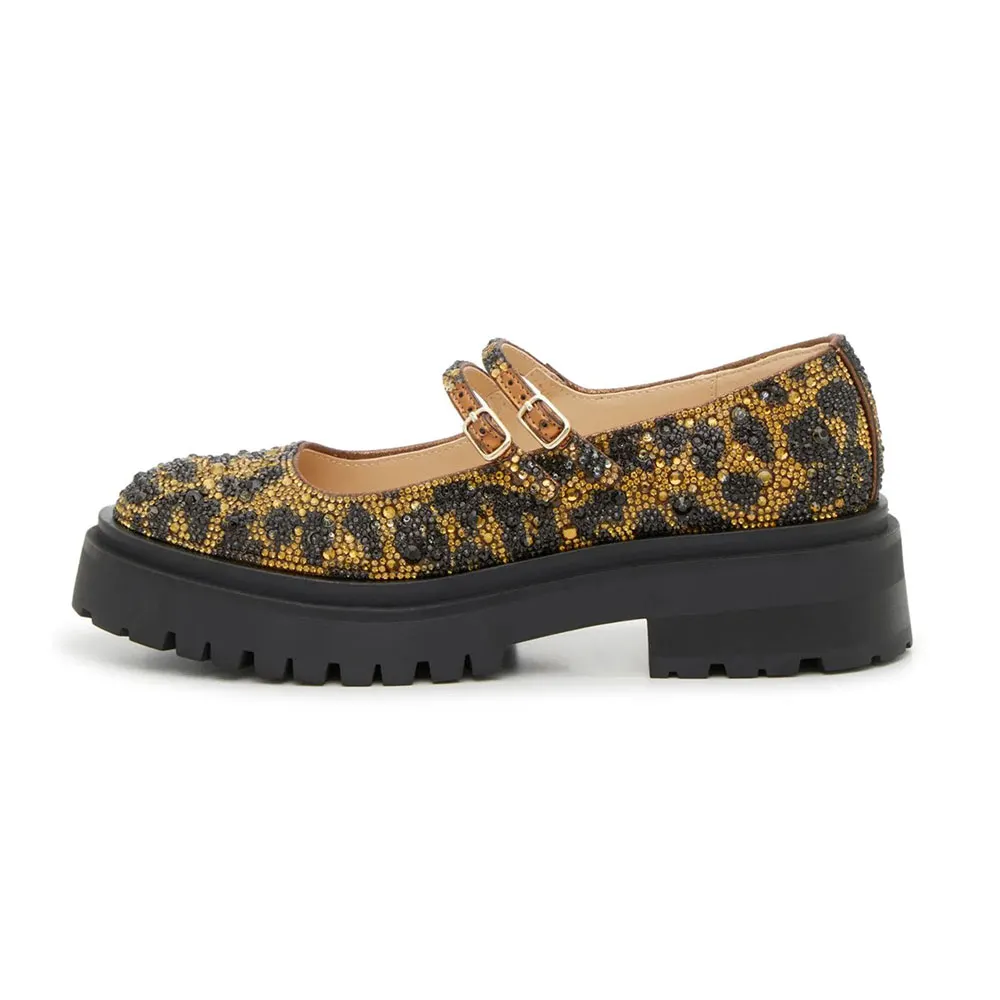 Brown & Black Round Toe Rhinestone Leopard Print Platform Mary Janes