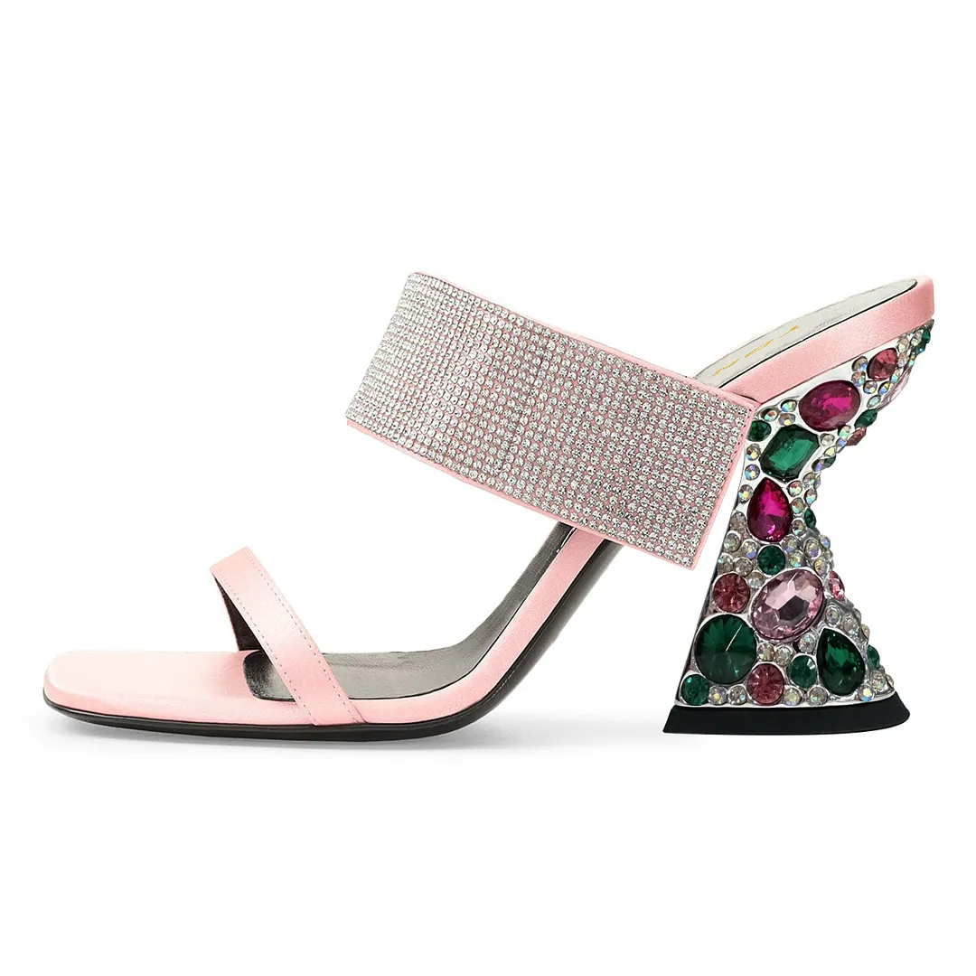 Satin Rhinestone Embellished Band Decorative Heel Mules in Pink