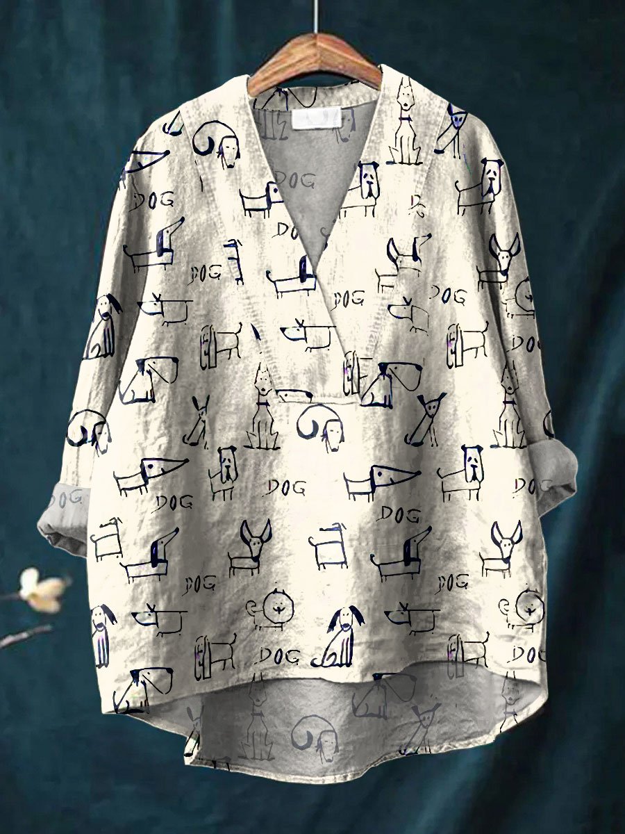 Women's Cute Dog Art Print Casual Cotton And Linen V-neck Shirt