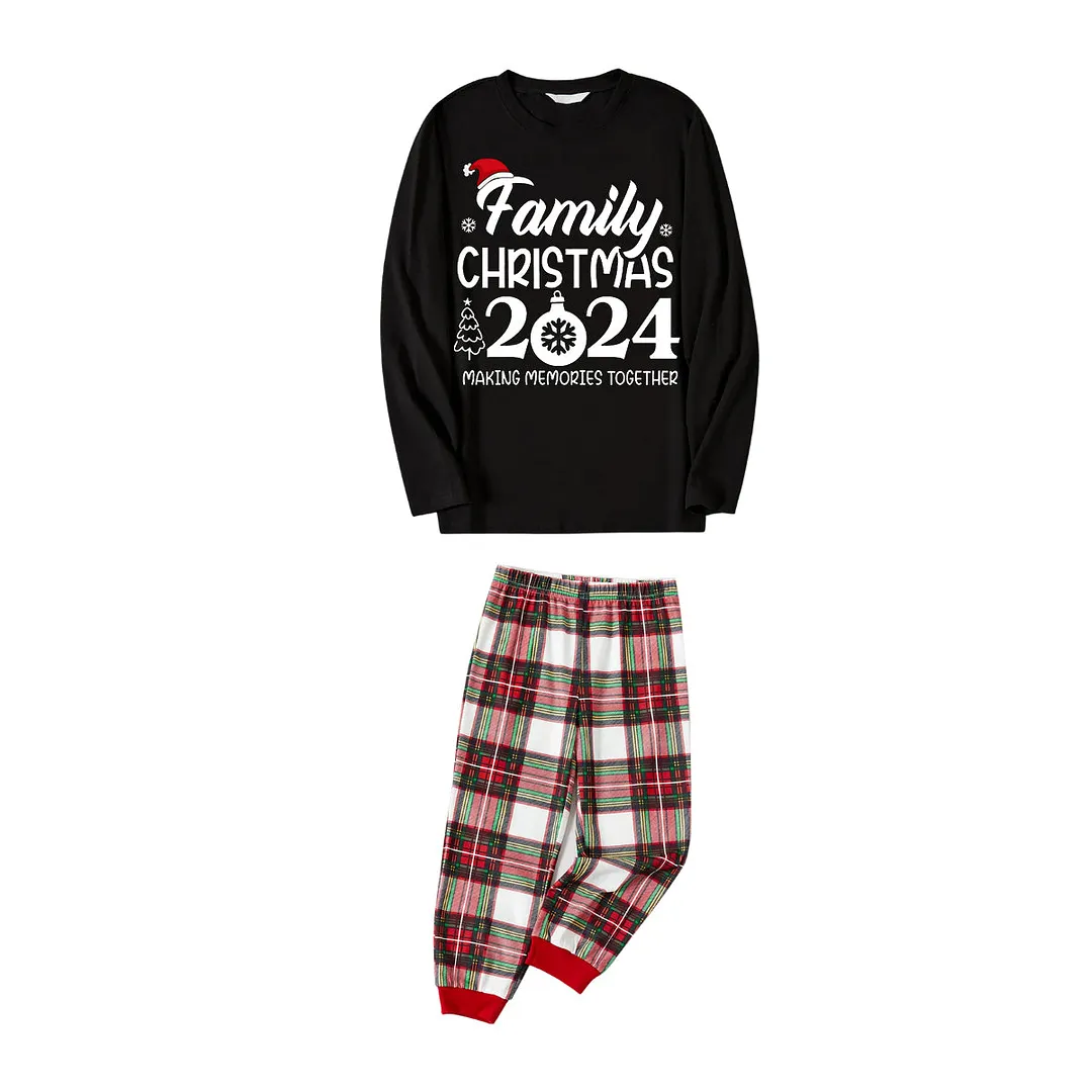 "Family Christmas 2024 Making Memories Together" Text and Santa Hat Printed Red and White Plaid Matching Pajamas