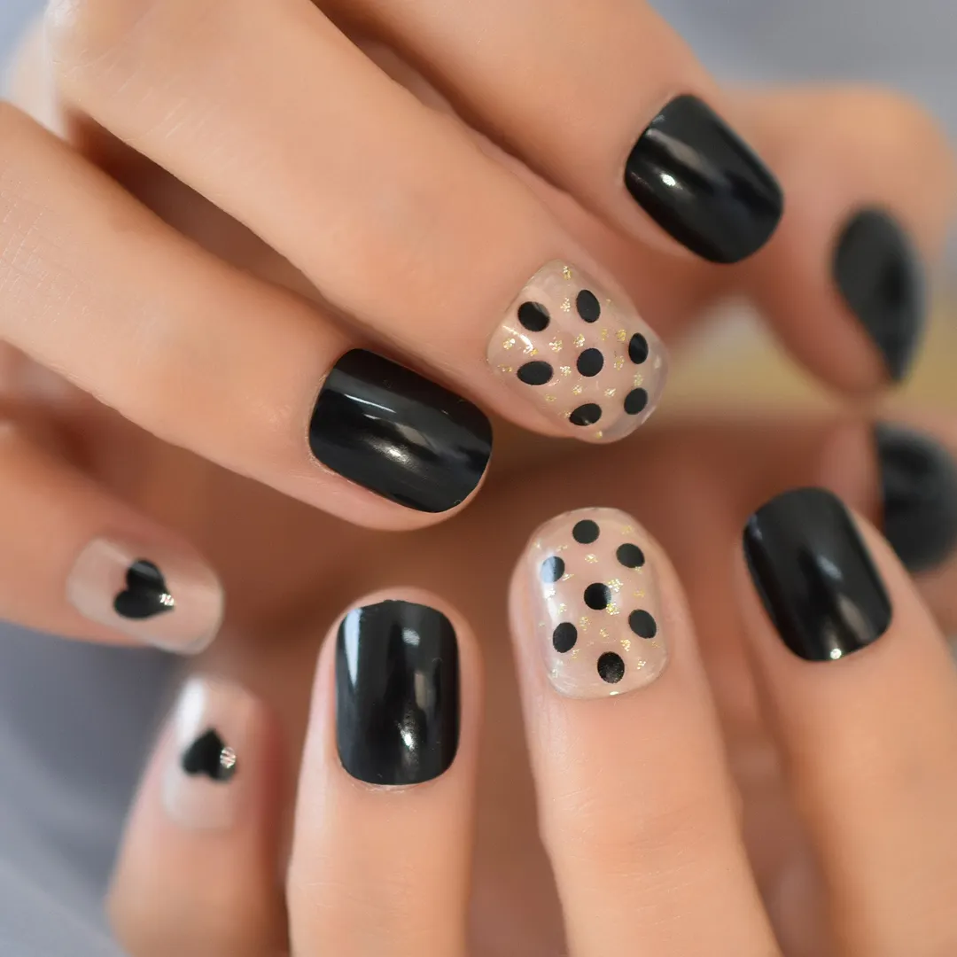 Spots Fashion Full Cover Heart Brand New Short Nails Squoval With Design Glitter Charm kawii Cute Lovely Fingernails Supplies-Nail Inspo