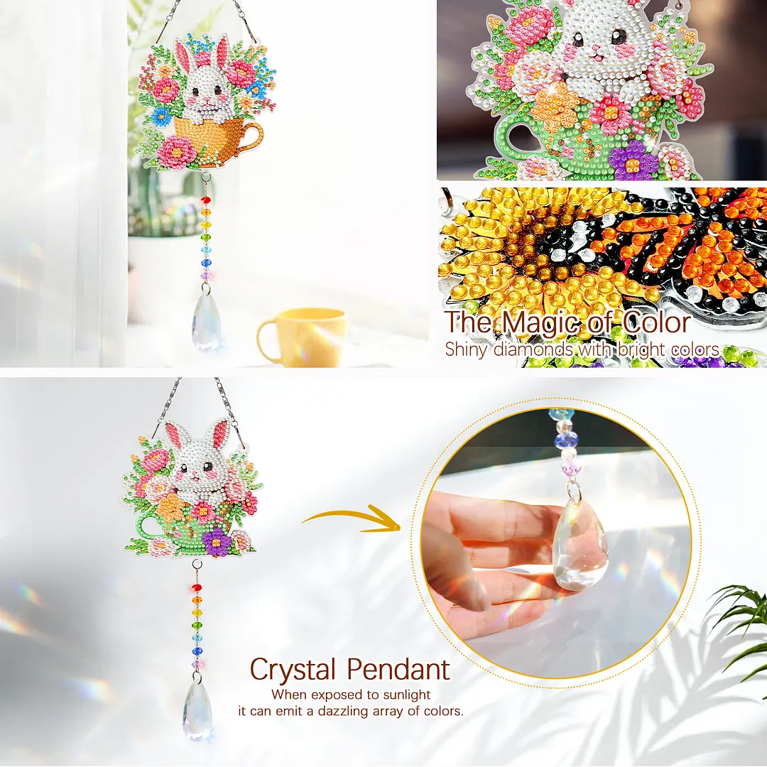 2Pcs Teacup Rabbit DIY Double-Sided Diamond Painting Hanging Kits Diamond Painting Suncatcher Craft Kit for Home Garden Wall Decor Gift