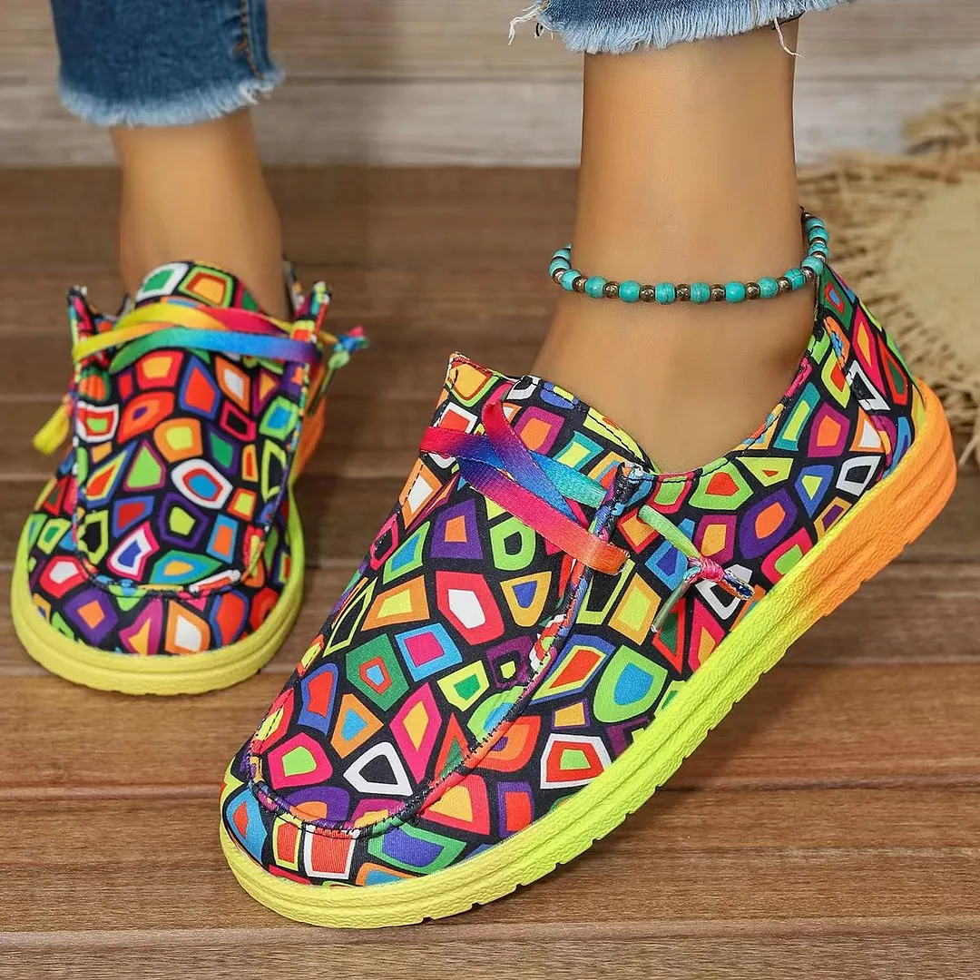 Breakj Breakj New Large-Size Lace With Color Low-Top Single Shoes Women Graffiti Slacker Canvas Flat-Soled Single Shoes