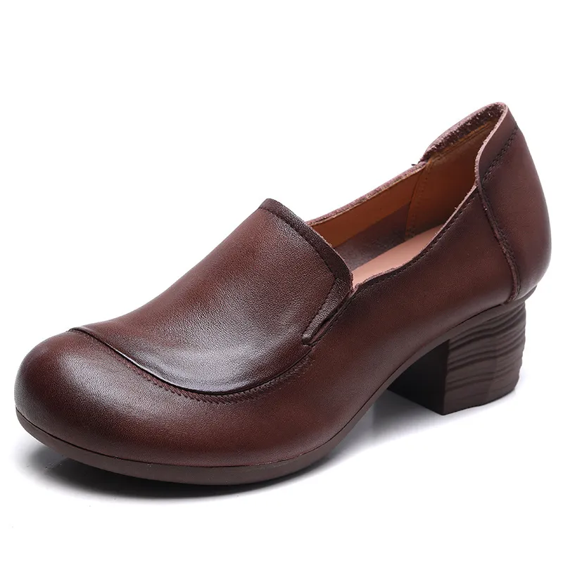 Yyvonne Coarse Leather Single Shoe Set National Breeze Layer Cow Skin Mother Shoes Heel Round Head Black Working Shoes Woman