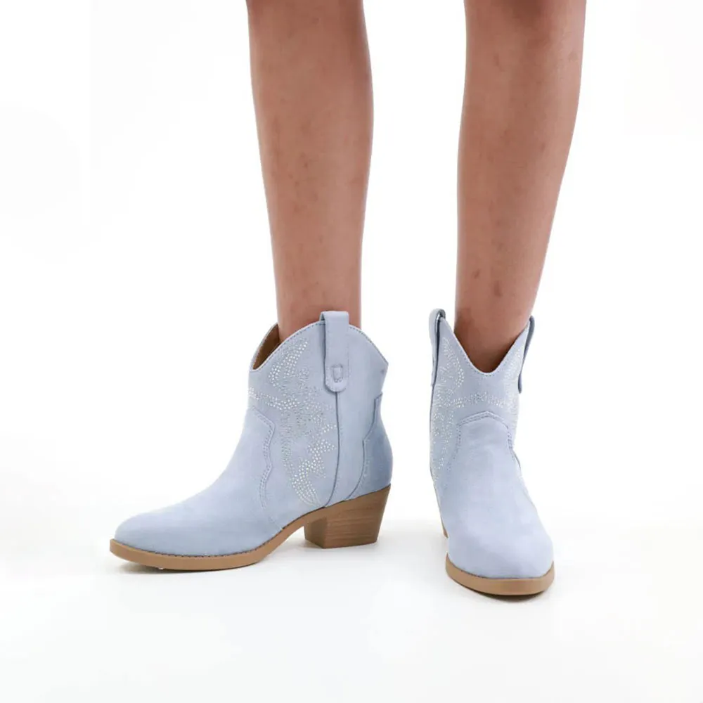 Light Blue Block Heel Rhinestone Women's Western Boots with Closed Toe