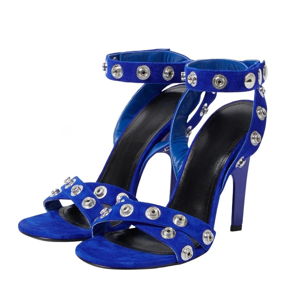 GOOSHOE Lady Rivet Ankle Buckle High Heels Women's Open Toe Metal Button Sandals Cross Straps Shoes