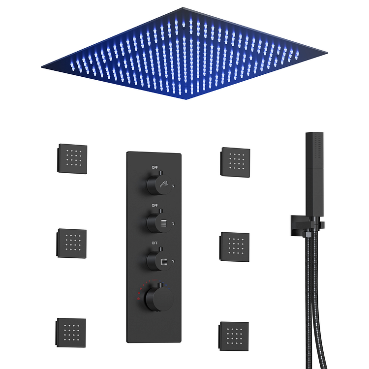 EVERSTEIN Thermostatic LED Rainfall Shower System in Matte Black SFS-1028-BK20