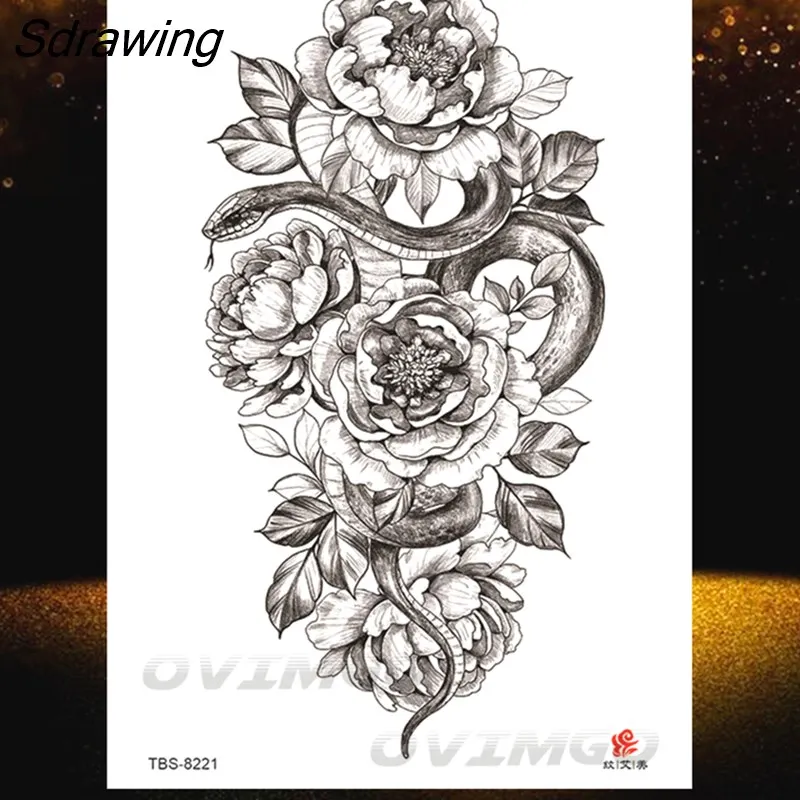 Sdrawing Lotus Flower Temporary Tattoos Fake Jewelry 3D Beauty Rose Tattoo Sexy Body Art Arm Painting Tatoo Sticker For Women